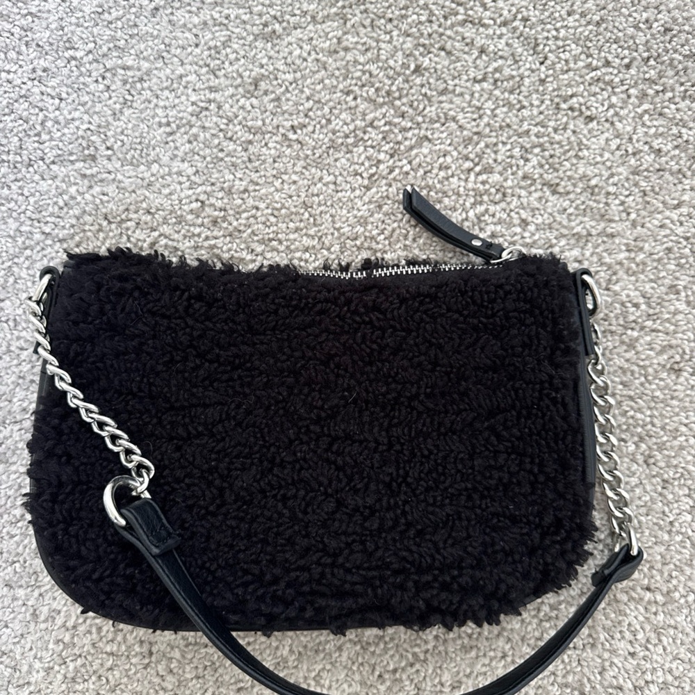 Black Faux Shearling Bag Silver Chain Strap Evening Party Goth‎